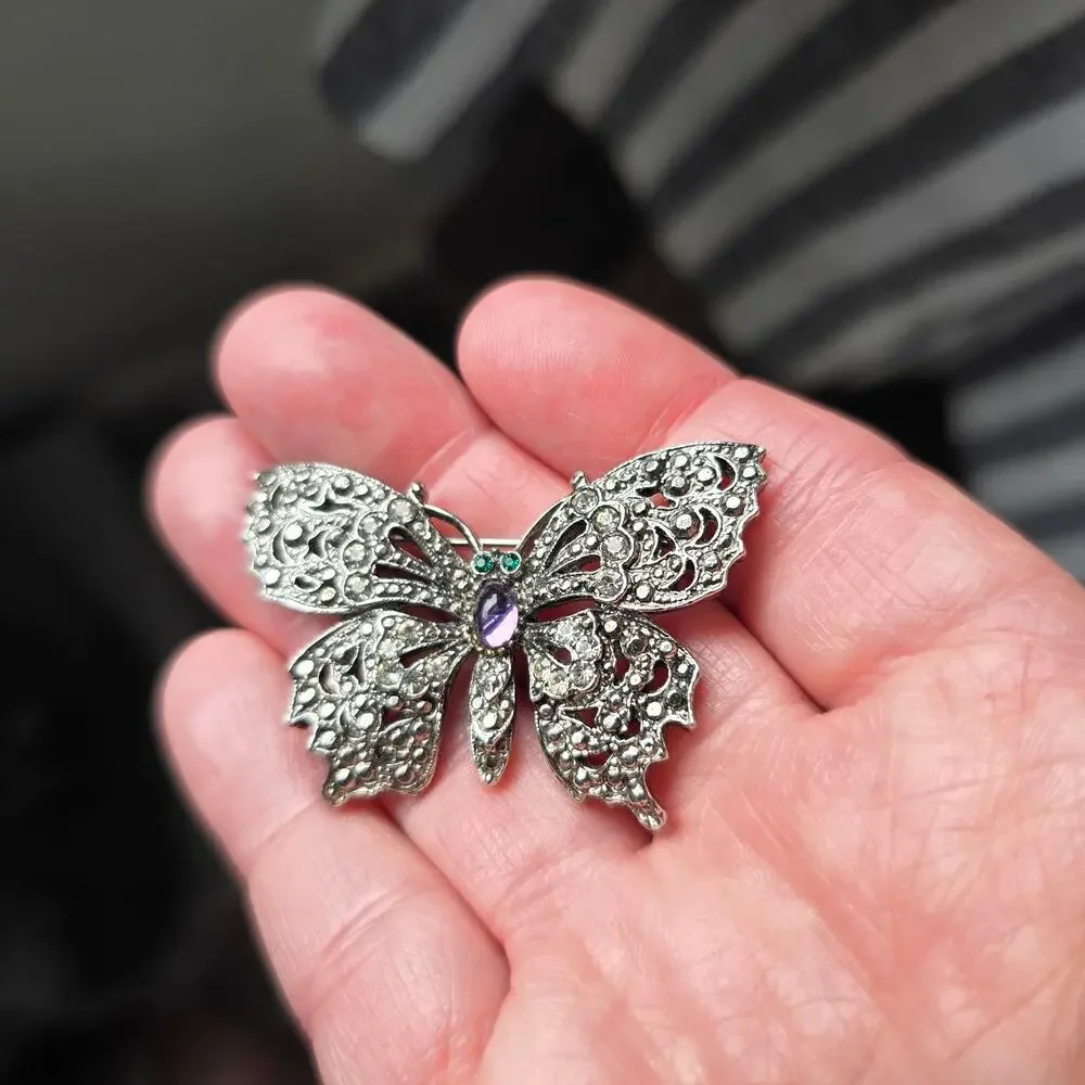 Vintage Butterfly Brooch Green Purple Rhinestone Faux Marcasite Cabochon Belly